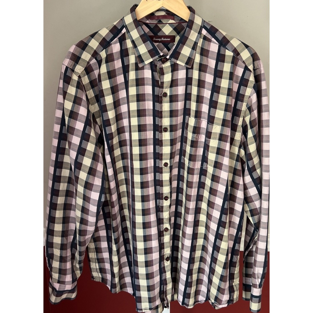 Tommy Bahama Men's Long Sleeve Button Shirt 100% Silk Purple Checks XL